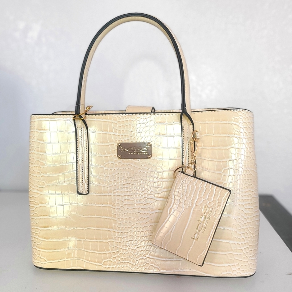 BEBE - New Caryall Satchel Handbag - Nude Cream Croc Embossed